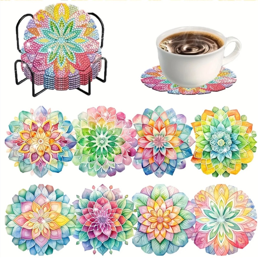DIY 8 Lotus Flower Coasters, 5D Diamond Painting Kit W/ Tools and Rhinestones
